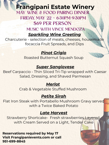 Frangipani Estate Winery - May Wine & Food Pairing Dinner