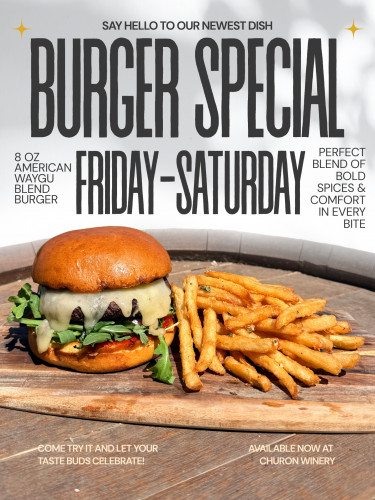 Churon Inn Winery - Weekend Burger Special! 